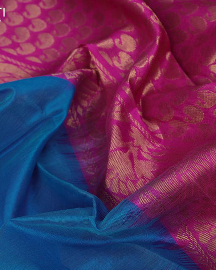 Kuppadam silk cotton saree cs blue and pink with plain body and temple design long zari woven border - {{ collection.title }} by Prashanti Sarees