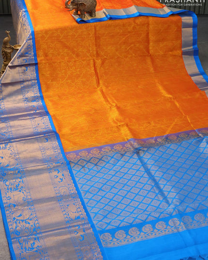 Kuppadam silk cotton saree dual shade of orange and cs blue with allover self emboss jacquard and long zari woven border - {{ collection.title }} by Prashanti Sarees