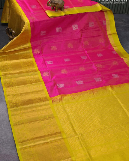 Kuppadam silk cotton saree dual shade of pink and yellow with allover zari weaves & annam paisley zari buttas and long zari woven border - {{ collection.title }} by Prashanti Sarees