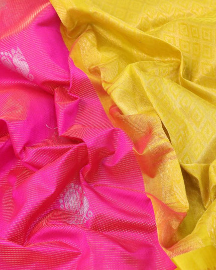 Kuppadam silk cotton saree dual shade of pink and yellow with allover zari weaves & annam paisley zari buttas and long zari woven border - {{ collection.title }} by Prashanti Sarees