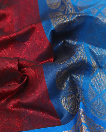 Kuppadam silk cotton saree maroon and cs blue with allover self emboss jacquard and long zari woven border - {{ collection.title }} by Prashanti Sarees