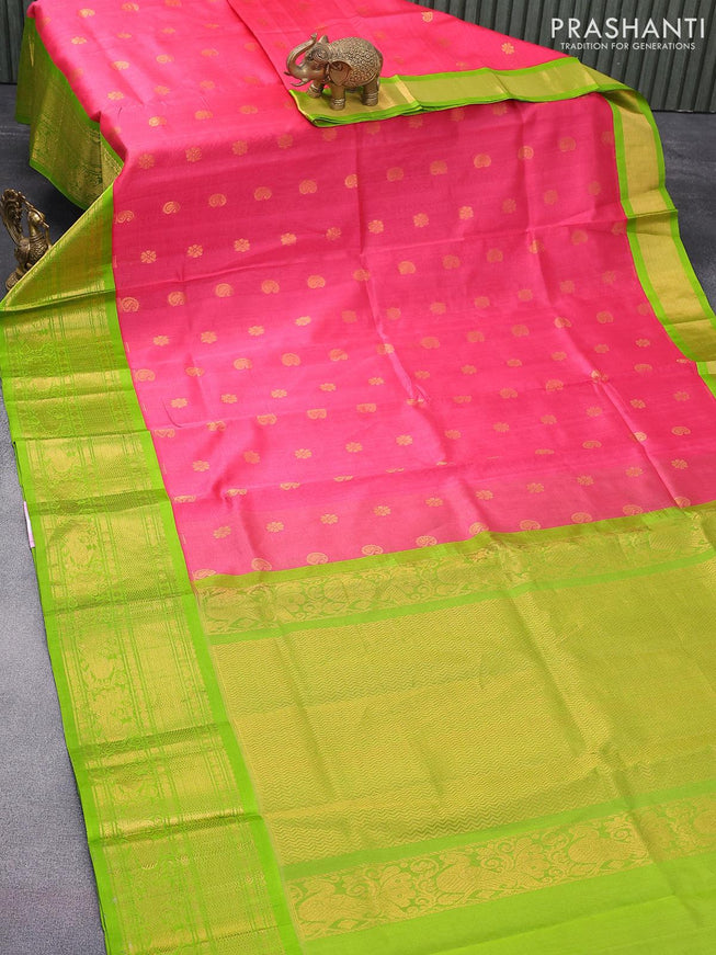 Kuppadam silk cotton saree pink and light green with paisley & floral zari woven buttas and long zari woven annam border - {{ collection.title }} by Prashanti Sarees