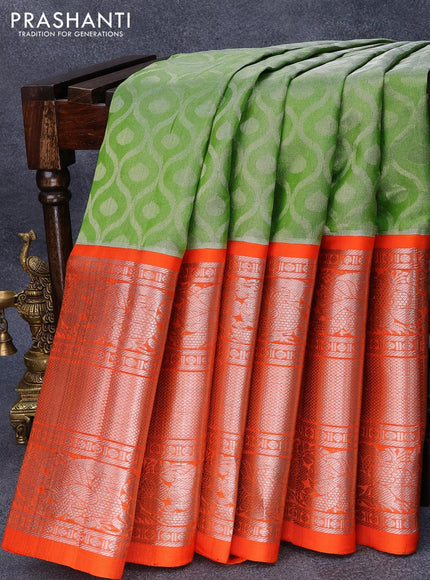 Kuppadam tissue silk cotton saree light green and orange with allover silver zari weaves and long rich silver zari woven border - {{ collection.title }} by Prashanti Sarees