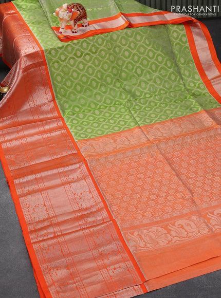 Kuppadam tissue silk cotton saree light green and orange with allover silver zari weaves and long rich silver zari woven border - {{ collection.title }} by Prashanti Sarees