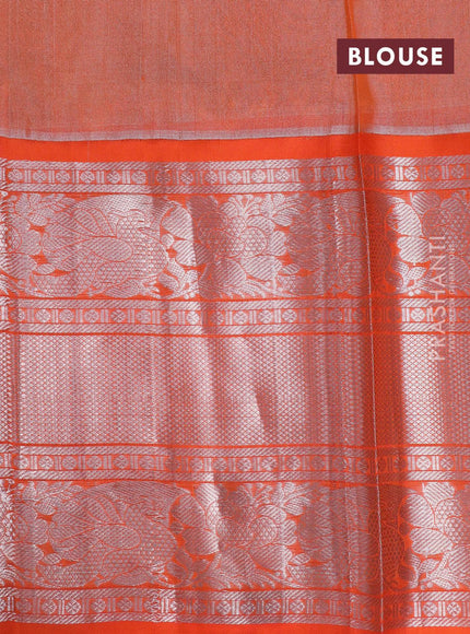 Kuppadam tissue silk cotton saree light green and orange with allover silver zari weaves and long rich silver zari woven border - {{ collection.title }} by Prashanti Sarees