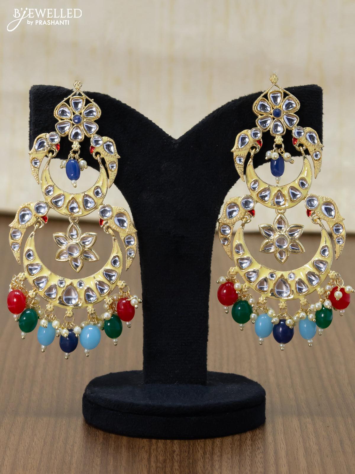 22K Gold 'Peacock' Drop Earrings (Chand Bali) With Cz , Color Stones &  Culture Pearls - 235-GER10631 in 18.200 Grams