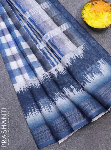 Linen cotton saree blue and off white with allover checked pattern and silver zari woven border - {{ collection.title }} by Prashanti Sarees