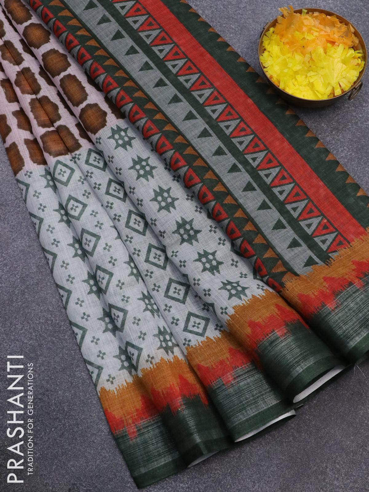 Semi linen saree sandal and brown with allover prints and simple borde – Prashanti  Sarees