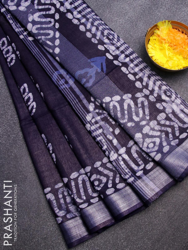 Linen cotton saree navy blue with allover batik prints and silver zari woven border - {{ collection.title }} by Prashanti Sarees