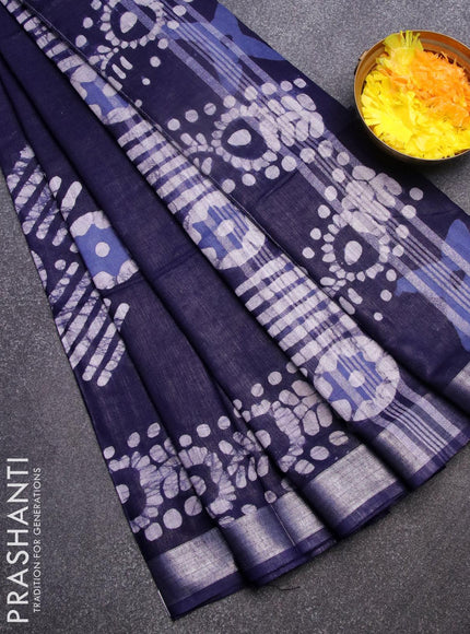 Linen cotton saree navy blue with allover batik prints and silver zari woven border - {{ collection.title }} by Prashanti Sarees