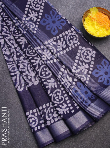 Linen cotton saree navy blue with allover batik prints and silver zari woven border - {{ collection.title }} by Prashanti Sarees