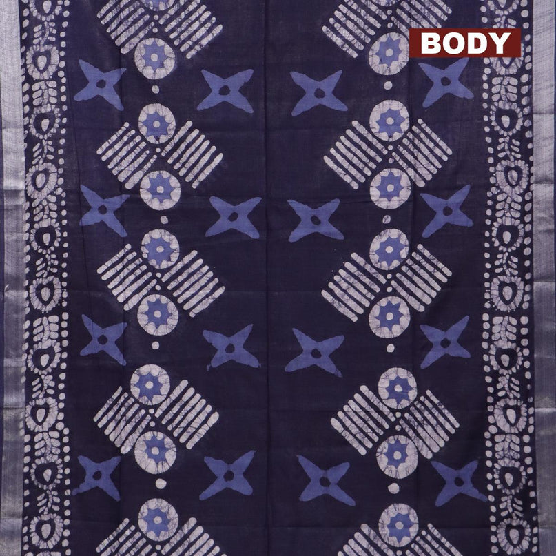 Linen cotton saree navy blue with allover batik prints and silver zari woven border - {{ collection.title }} by Prashanti Sarees