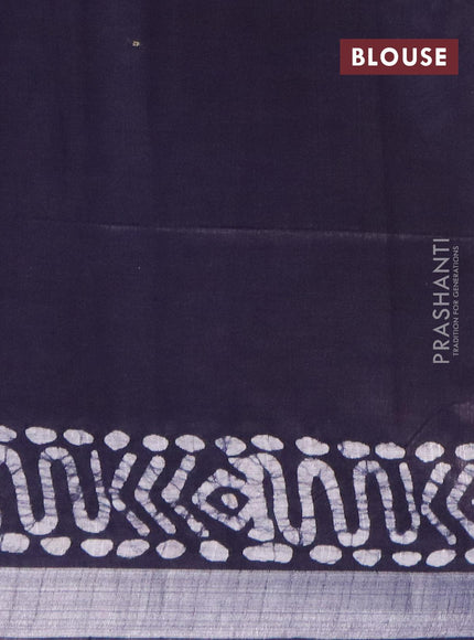 Linen cotton saree navy blue with allover batik prints and silver zari woven border - {{ collection.title }} by Prashanti Sarees