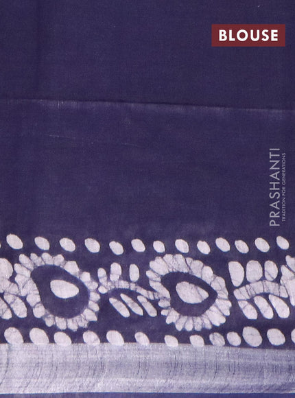 Linen cotton saree navy blue with allover batik prints and silver zari woven border - {{ collection.title }} by Prashanti Sarees