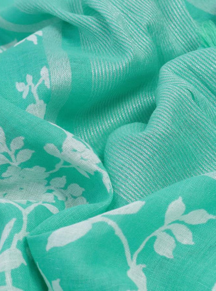 Linen cotton saree teal blue with allover floral prints and small silver zari woven border - {{ collection.title }} by Prashanti Sarees