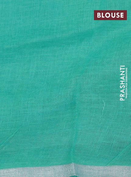 Linen cotton saree teal blue with allover floral prints and small silver zari woven border - {{ collection.title }} by Prashanti Sarees