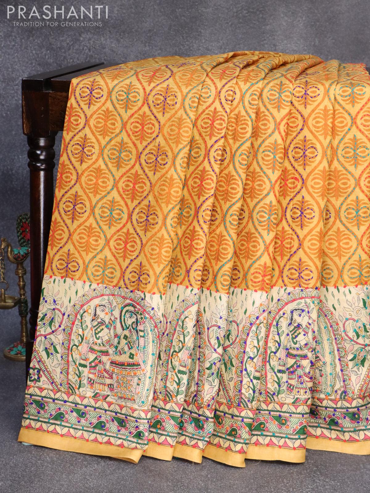 madhubani printed silk saree mustard yellow and cream with allover kantha stitch work and french knot work pallu prashanti sarees 1