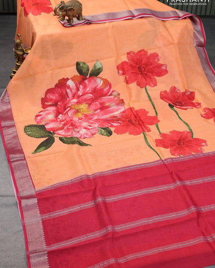 Mangalagiri silk cotton saree peach orange and pink with floral prints and silver zari woven border - {{ collection.title }} by Prashanti Sarees