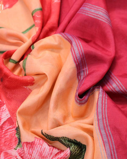 Mangalagiri silk cotton saree peach orange and pink with floral prints and silver zari woven border - {{ collection.title }} by Prashanti Sarees