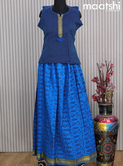 Mangalgiri cotton kids lehenga blue and cs blue with patch work neck pattern and warli prints & woven border Sleeve attached - {{ collection.title }} by Prashanti Sarees