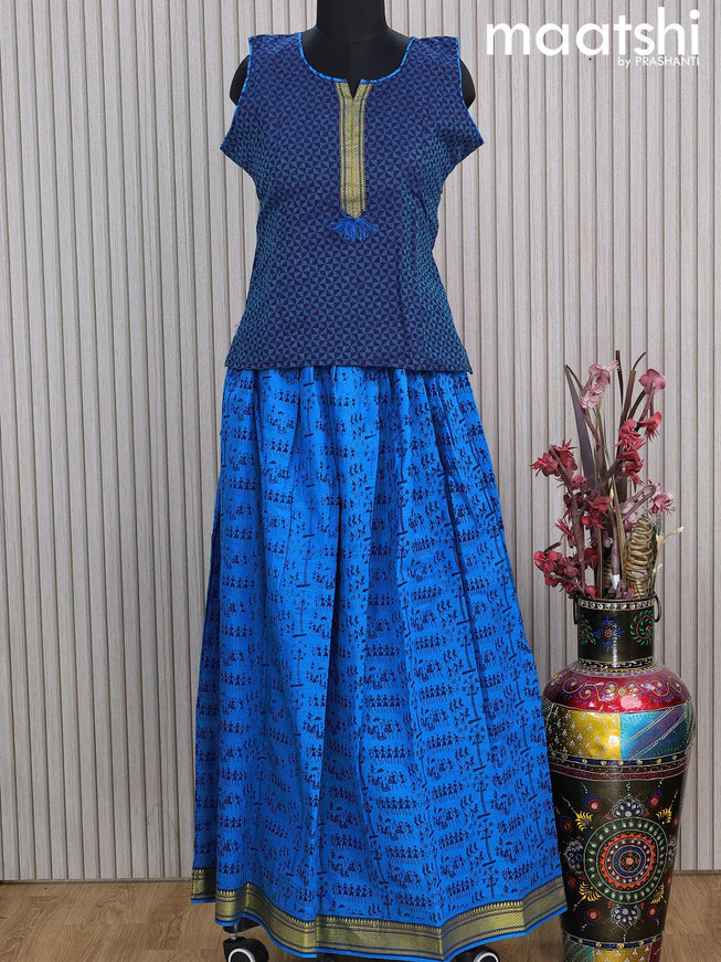 Mangalgiri cotton kids lehenga blue and cs blue with patch work neck pattern and warli prints & woven border Sleeve attached - {{ collection.title }} by Prashanti Sarees