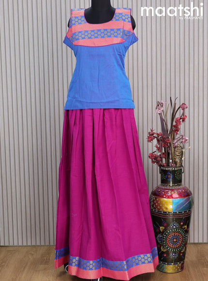 Mangalgiri cotton kids lehenga blue and dark magenta pink with patch work neck pattern and zari woven border Sleeve attached - {{ collection.title }} by Prashanti Sarees