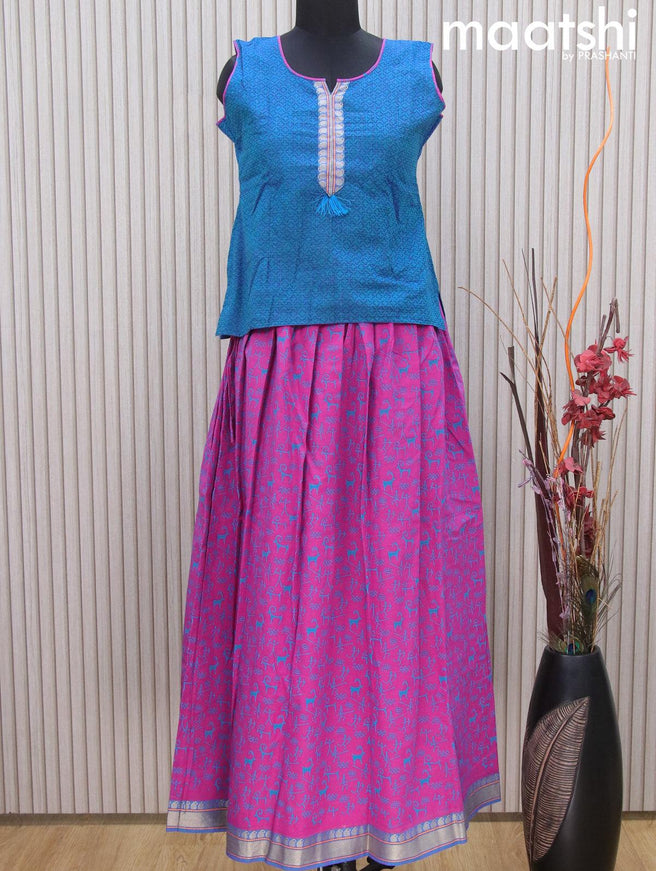 Mangalgiri cotton kids lehenga blue and pink shade with patch work neck pattern and warli prints & woven border Sleeve attached - {{ collection.title }} by Prashanti Sarees