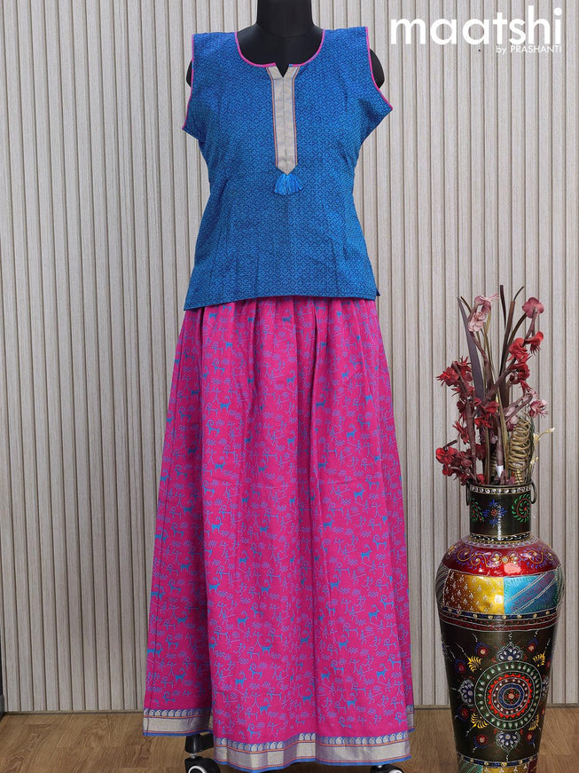 Mangalgiri cotton kids lehenga blue and pink shade with patch work neck pattern and warli prints & woven border Sleeve attached - {{ collection.title }} by Prashanti Sarees