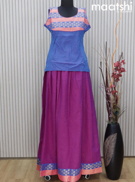 Mangalgiri cotton kids lehenga cs blue and magenta pink with patch work neck pattern and zari woven border Sleeve attached - {{ collection.title }} by Prashanti Sarees