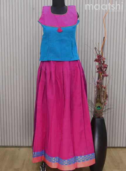 Mangalgiri cotton kids lehenga cs blue and pink with patch work neck pattern and zari woven border Sleeve attached - {{ collection.title }} by Prashanti Sarees