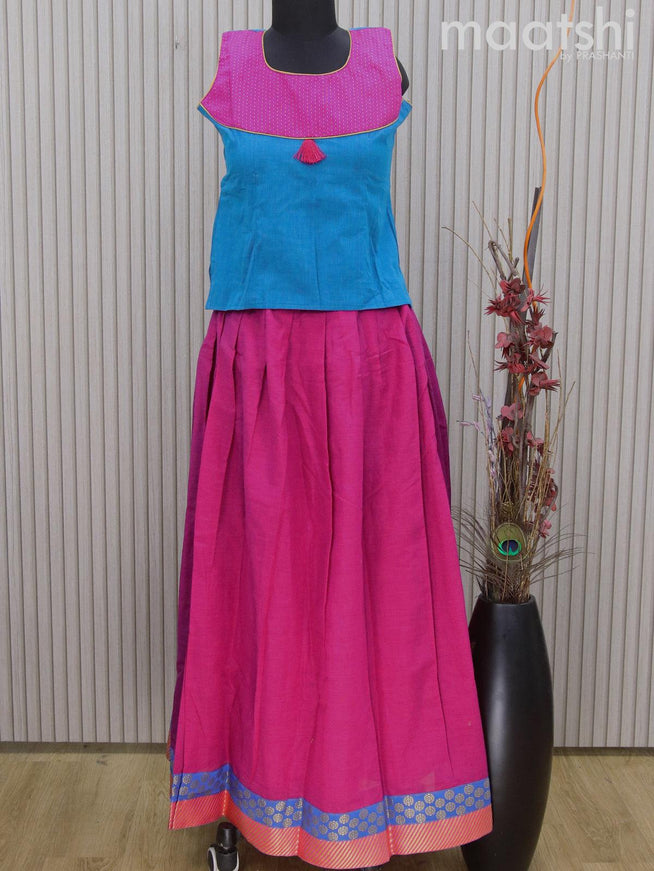 Mangalgiri cotton kids lehenga cs blue and pink with patch work neck pattern and zari woven border Sleeve attached - {{ collection.title }} by Prashanti Sarees