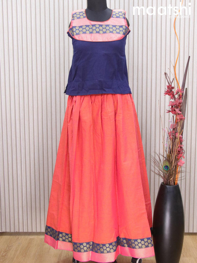 Mangalgiri cotton kids lehenga dark blue and dual shade of pinkish orange with patch work neck pattern and zari woven border Sleeve attached - {{ collection.title }} by Prashanti Sarees