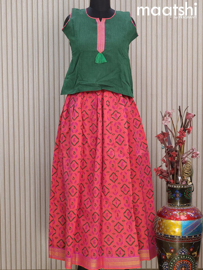 Mangalgiri cotton kids lehenga dark green and dual shade of pink with patch work neck pattern and ikat prints & woven border Sleeve attached - {{ collection.title }} by Prashanti Sarees