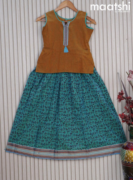 Mangalgiri cotton kids lehenga dark mustard and teal bluish green with patch work neck pattern and warli prints & woven border Sleeve attached - {{ collection.title }} by Prashanti Sarees