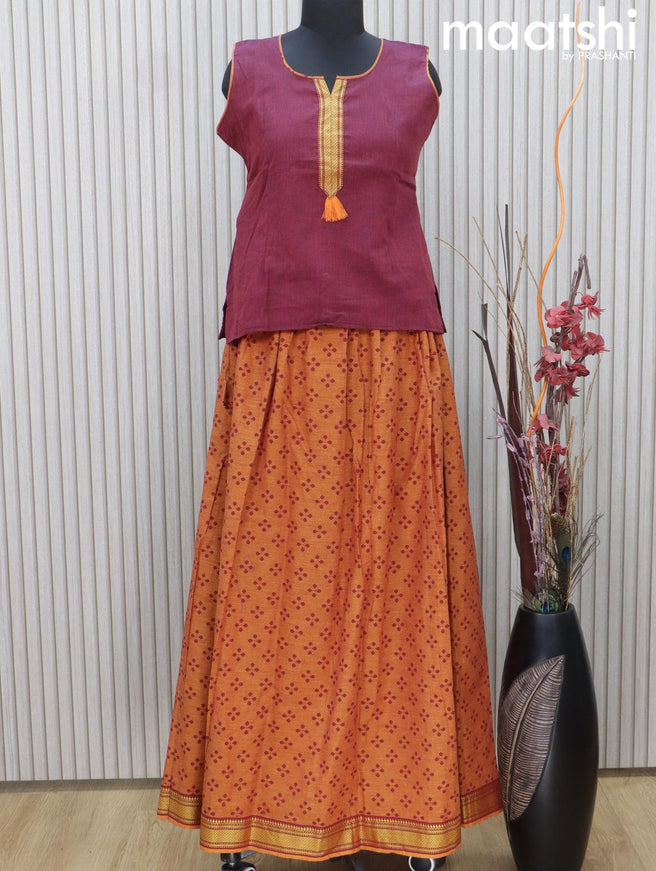 Mangalgiri cotton kids lehenga deep maroon and mustard yellow with patch work neck pattern and allover butta prints & woven border Sleeve attached - {{ collection.title }} by Prashanti Sarees