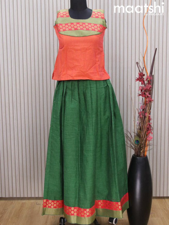 Mangalgiri cotton kids lehenga dual shade of pinkish orange and green with patch work neck pattern and zari woven border Sleeve attached - {{ collection.title }} by Prashanti Sarees