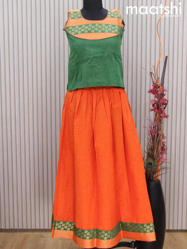 Mangalgiri cotton kids lehenga green and orange with patch work neck pattern and zari woven border Sleeve attached - {{ collection.title }} by Prashanti Sarees