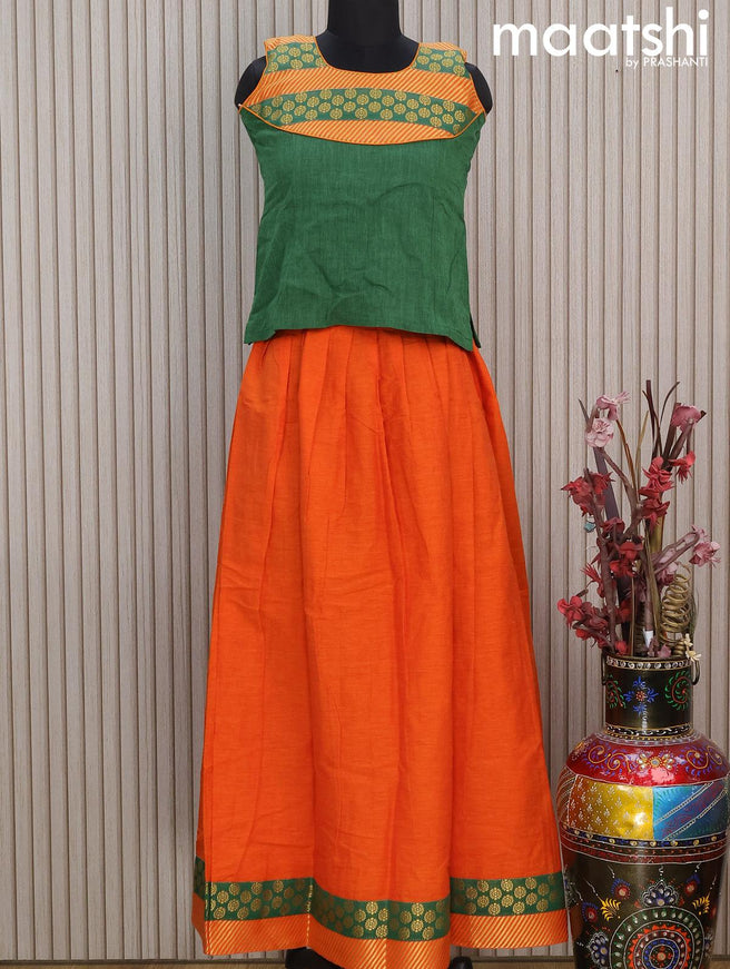 Mangalgiri cotton kids lehenga green and orange with patch work neck pattern and zari woven border Sleeve attached - {{ collection.title }} by Prashanti Sarees