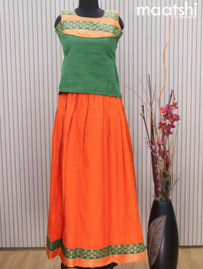 Mangalgiri cotton kids lehenga green and orange with patch work neck pattern and zari woven border Sleeve attached - {{ collection.title }} by Prashanti Sarees