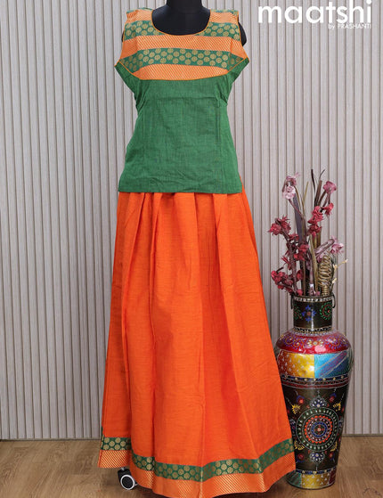 Mangalgiri cotton kids lehenga green and orange with patch work neck pattern and zari woven border Sleeve attached - {{ collection.title }} by Prashanti Sarees