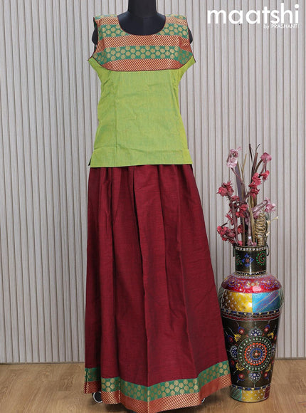 Mangalgiri cotton kids lehenga light green and maroon with patch work neck pattern and zari woven border Sleeve attached - {{ collection.title }} by Prashanti Sarees