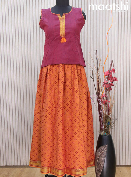 Mangalgiri cotton kids lehenga maroon and dark mustard with patch work neck pattern and allover butta prints & woven border Sleeve attached - {{ collection.title }} by Prashanti Sarees