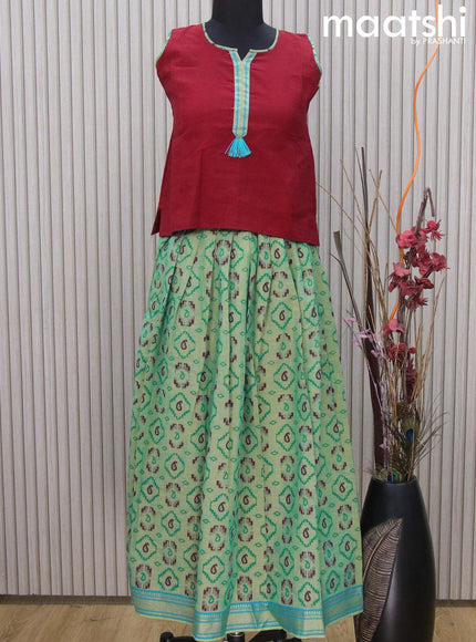 Mangalgiri cotton kids lehenga maroon and dual shade of green with patch work neck pattern and ikat prints & woven border Sleeve attached - {{ collection.title }} by Prashanti Sarees