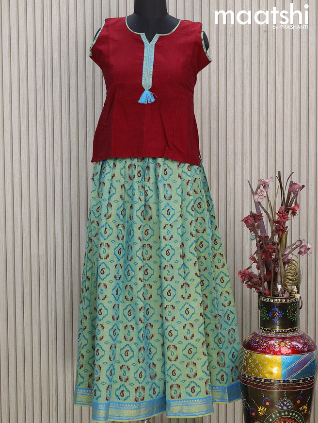 Mangalgiri cotton kids lehenga maroon and dual shade of teal bluish green with patch work neck pattern and ikat prints & woven border Sleeve attached - {{ collection.title }} by Prashanti Sarees