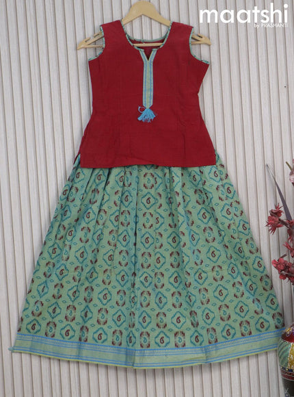 Mangalgiri cotton kids lehenga maroon and dual shade of teal green with patch work neck pattern and ikat butta prints & woven border Sleeve attached - {{ collection.title }} by Prashanti Sarees