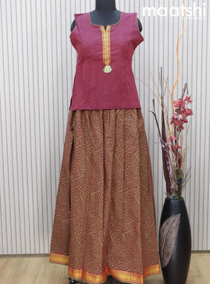 Mangalgiri cotton kids lehenga maroon and olive green with patch work neck pattern and allover prints & woven border Sleeve attached - {{ collection.title }} by Prashanti Sarees