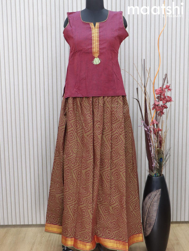 Mangalgiri cotton kids lehenga maroon and olive green with patch work neck pattern and allover prints & woven border Sleeve attached - {{ collection.title }} by Prashanti Sarees