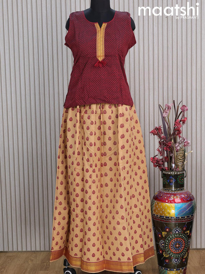 Mangalgiri cotton kids lehenga maroon and sandal with self emboss patch work neck patten and allover butta prints & woven border Sleeve attached - {{ collection.title }} by Prashanti Sarees