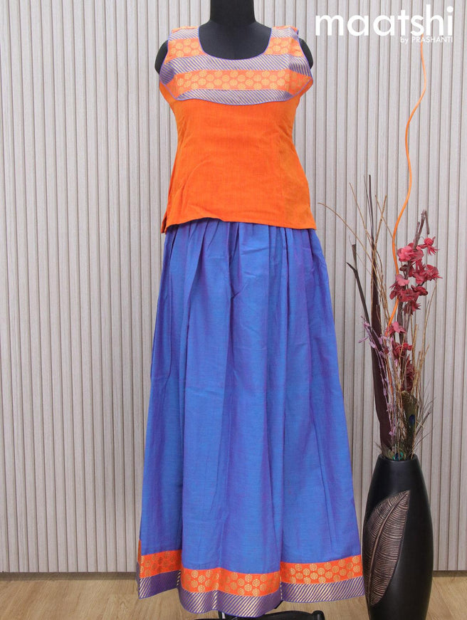 Mangalgiri cotton kids lehenga orange and blue shade with patch work neck pattern and zari woven border Sleeve attached - {{ collection.title }} by Prashanti Sarees