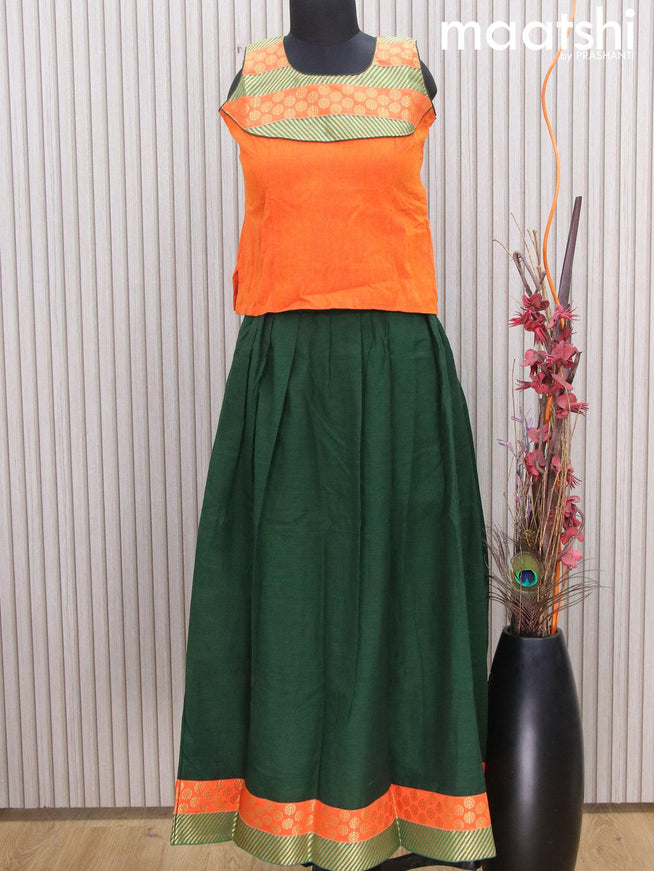 Mangalgiri cotton kids lehenga orange and dark green with patch work neck pattern and zari woven border Sleeve attached - {{ collection.title }} by Prashanti Sarees